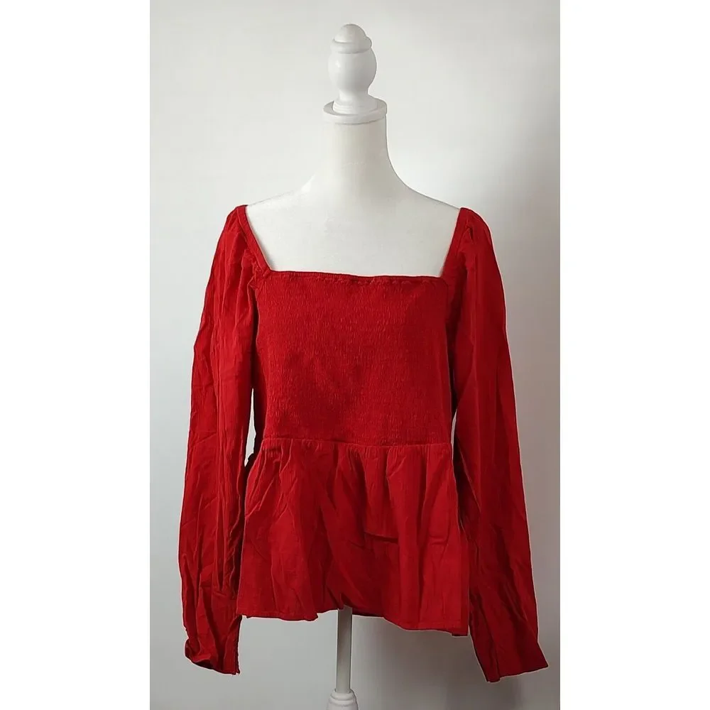 Old Navy Womens XXL Red Smocked Peplum Top Long Sleeve Square Neck Back Cutout - Picture 1 of 7